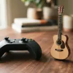 A close-up of a gaming controller resting on a warm wooden surface
