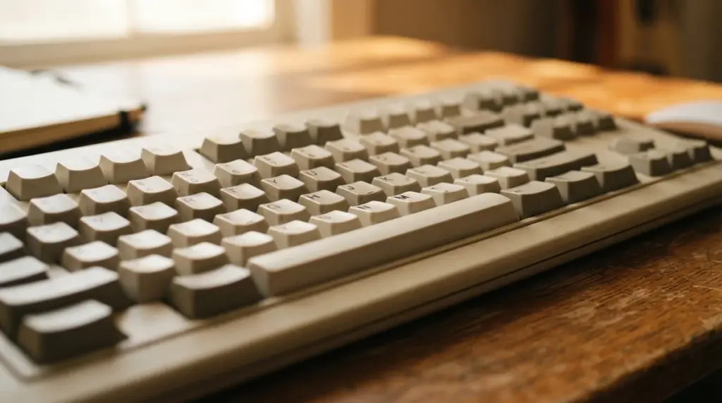A vintage mechanical keyboard rests on a wooden desk surface