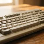 A vintage mechanical keyboard rests on a wooden desk surface
