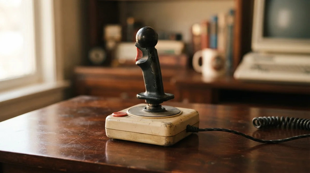 Vintage joystick sitting on a wooden desk with a computer and bookshelf in the blurred background