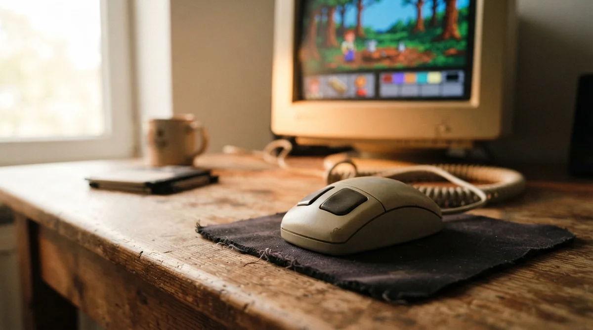 A vintage computer mouse on a wooden desk, with a blurred colorful screen from an early point-and-click adventure game in the background.