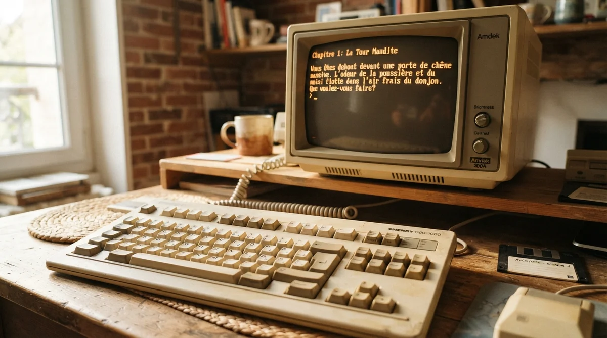 A retro 1980s computer setup with an amber CRT screen displaying text from an adventure game and a vintage keyboard.