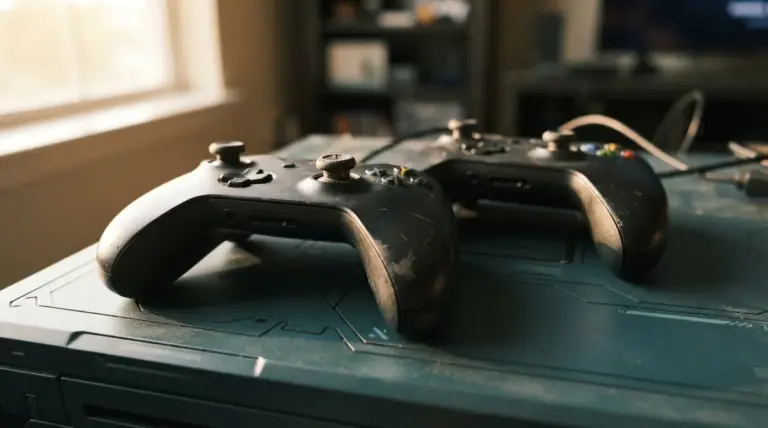 Two black game controllers rest on a textured, dark teal surface near a window