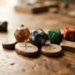 Polyhedral dice and carved wooden tokens resting on a rustic wooden table