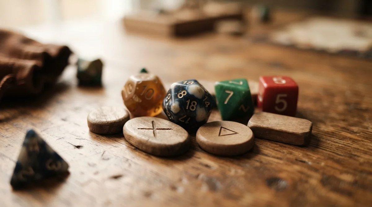 Polyhedral dice and carved wooden tokens resting on a rustic wooden table
