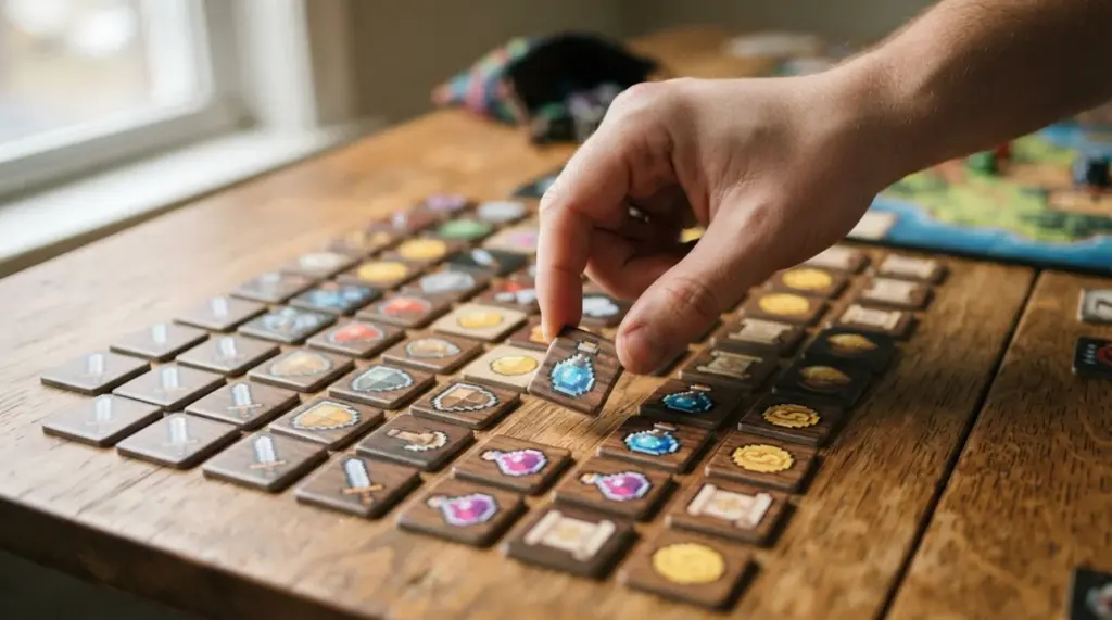 A hand places a potion token onto a wooden board filled with various pixel-art item tiles