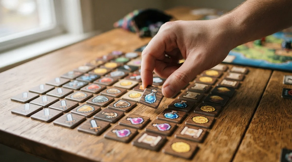 A hand places a potion token onto a wooden board filled with various pixel-art item tiles