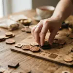 A hand places a wooden hexagonal game piece onto a laser-engraved board on a rustic wooden table