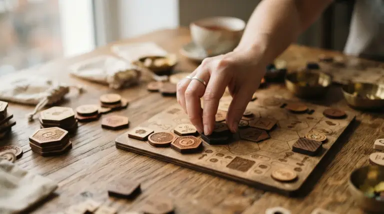 A hand places a wooden hexagonal game piece onto a laser-engraved board on a rustic wooden table