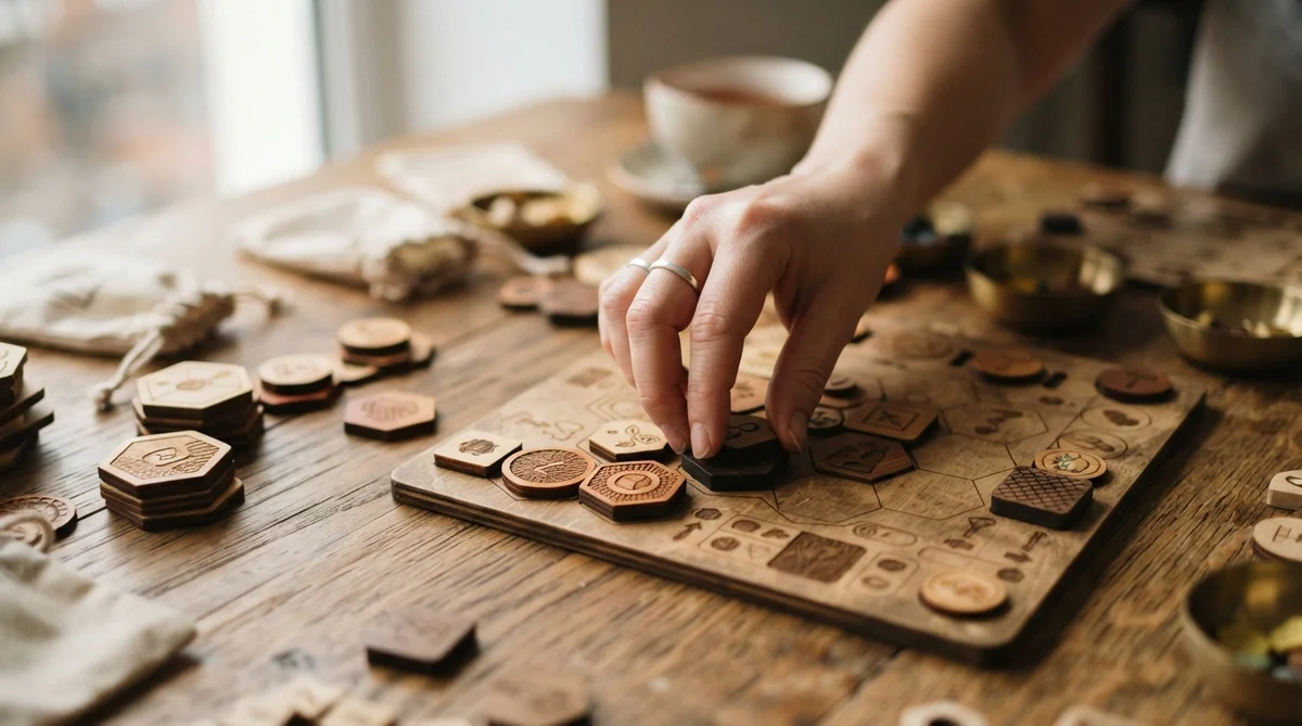 A hand places a wooden hexagonal game piece onto a laser-engraved board on a rustic wooden table