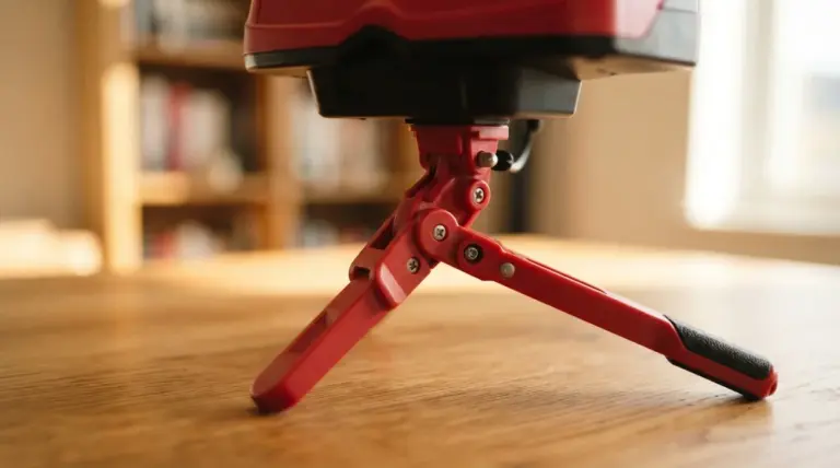 A red plastic tripod base attached to a device standing on a wooden table with a blurred background