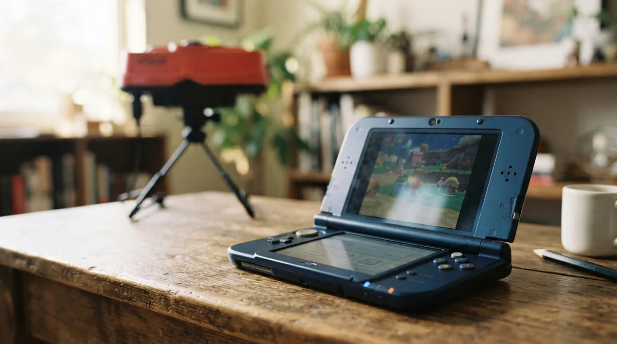 A warm-toned photograph showing an open modern Nintendo 3DS in the foreground with its screens glowing, and a retro Virtual Boy console softly blurred in the background, representing technological evolution.