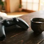 A PlayStation 5 controller and a ceramic tea cup rest on a rustic wooden table