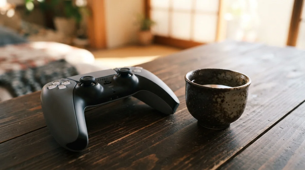 A PlayStation 5 controller and a ceramic tea cup rest on a rustic wooden table