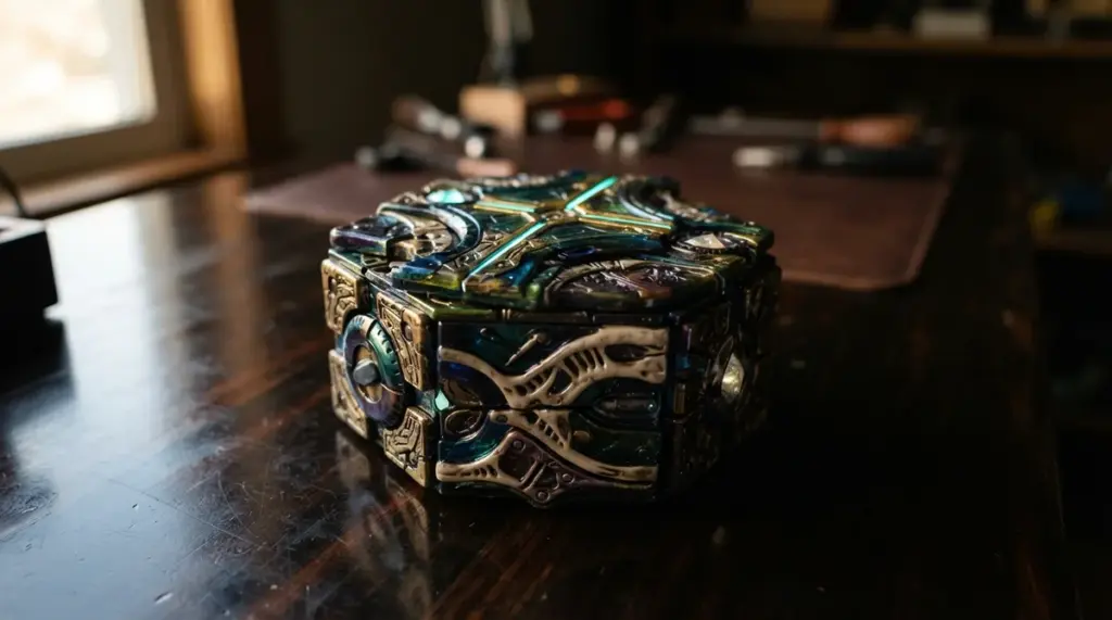 A detailed close-up of a partially solved, multi-layered alien puzzle box with organic textures and glossy, textured segments