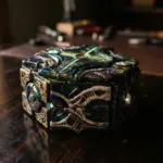 A detailed close-up of a partially solved, multi-layered alien puzzle box with organic textures and glossy, textured segments
