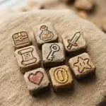 Hand-carved wooden pixel-art style block pieces, depicting simple items like a key or a potion, rest on a warm