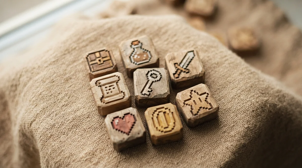 Hand-carved wooden pixel-art style block pieces, depicting simple items like a key or a potion, rest on a warm