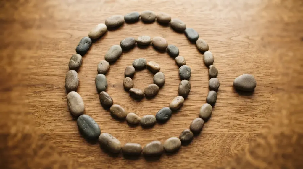 A close-up, top-down view of smooth, naturally colored river stones arranged in a gentle, imperfect spiral on a warm