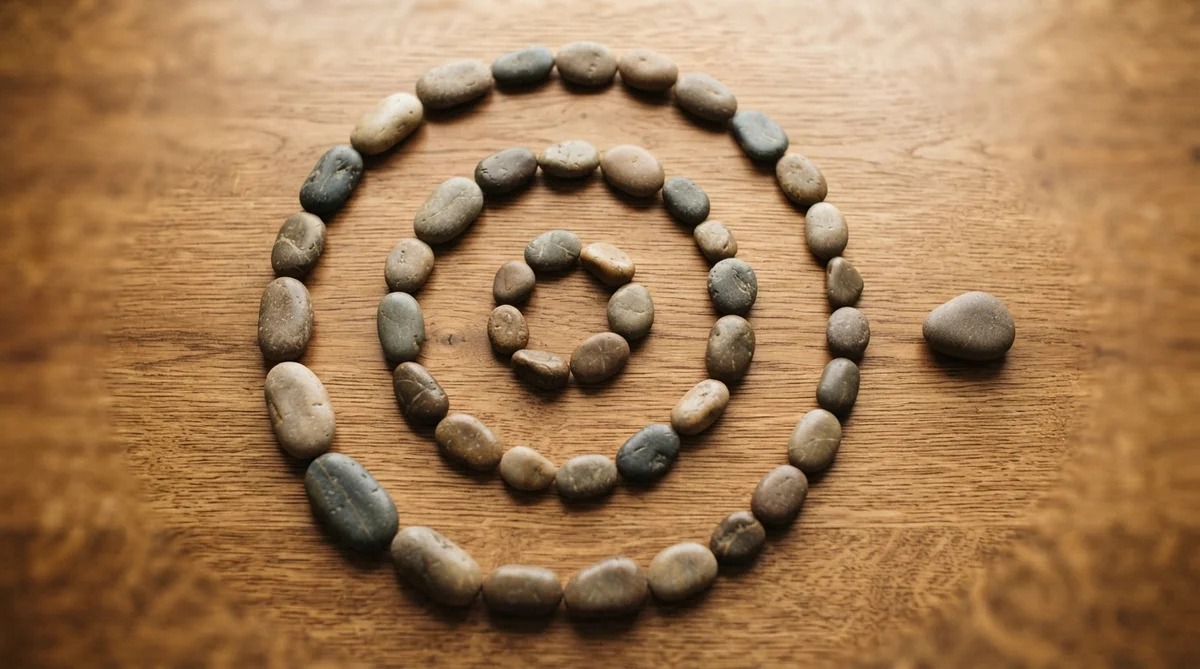 A close-up, top-down view of smooth, naturally colored river stones arranged in a gentle, imperfect spiral on a warm